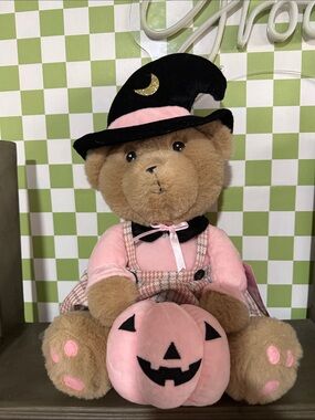 Halloween Teddy Bear in Pink Witch Costume with Pumpkin